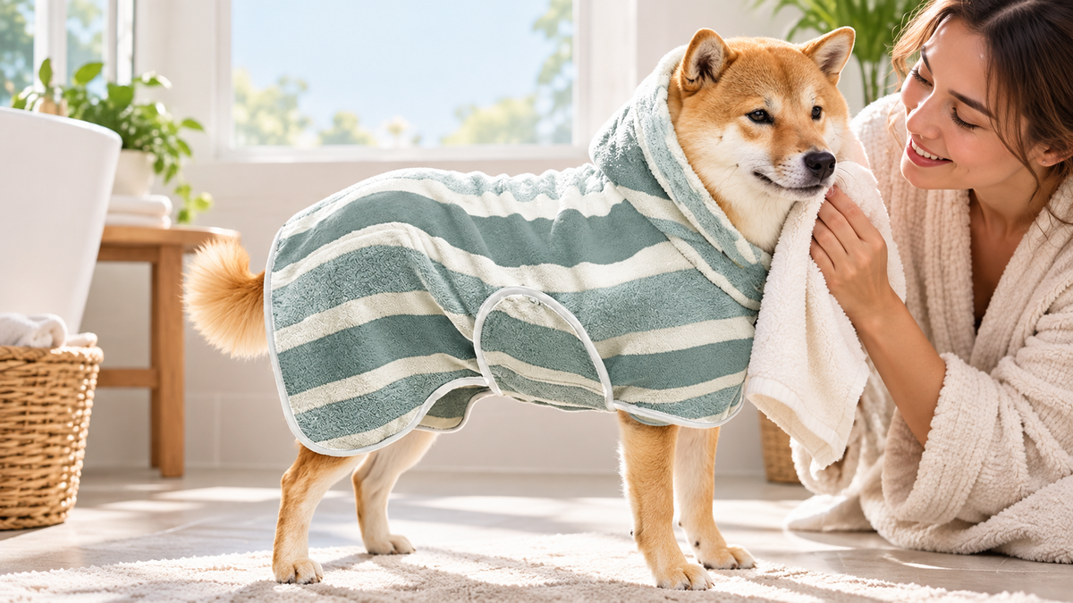 A Shiba Inu wrapped in a sage-and-white striped hooded bathrobe towel while a woman dries its face
