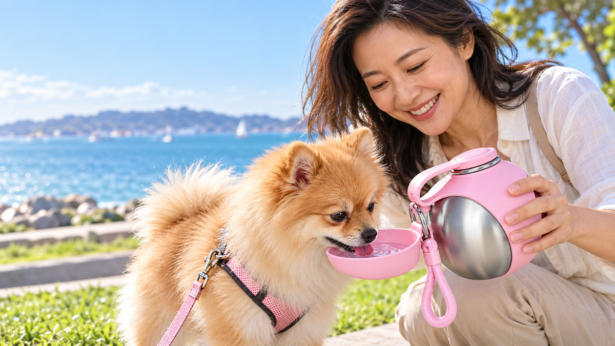A Pomeranian drinking from the pink travel water bottle's fold-out bowl by the sea