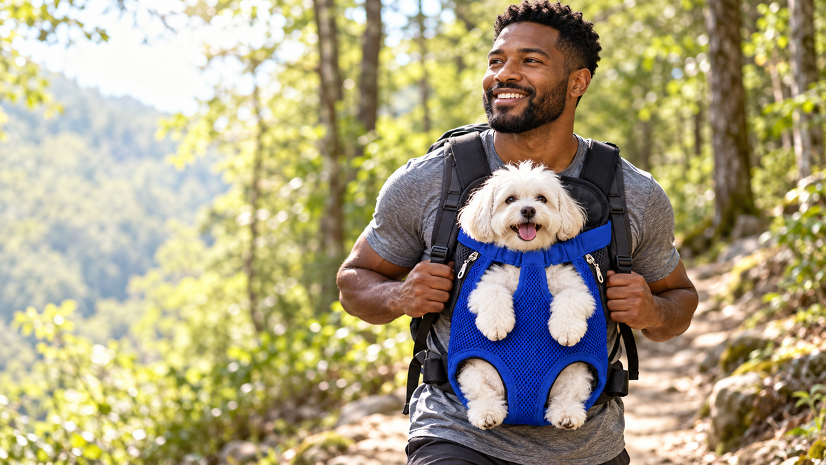 A small white dog riding in a blue breathable mesh carrier backpack on a forest trail