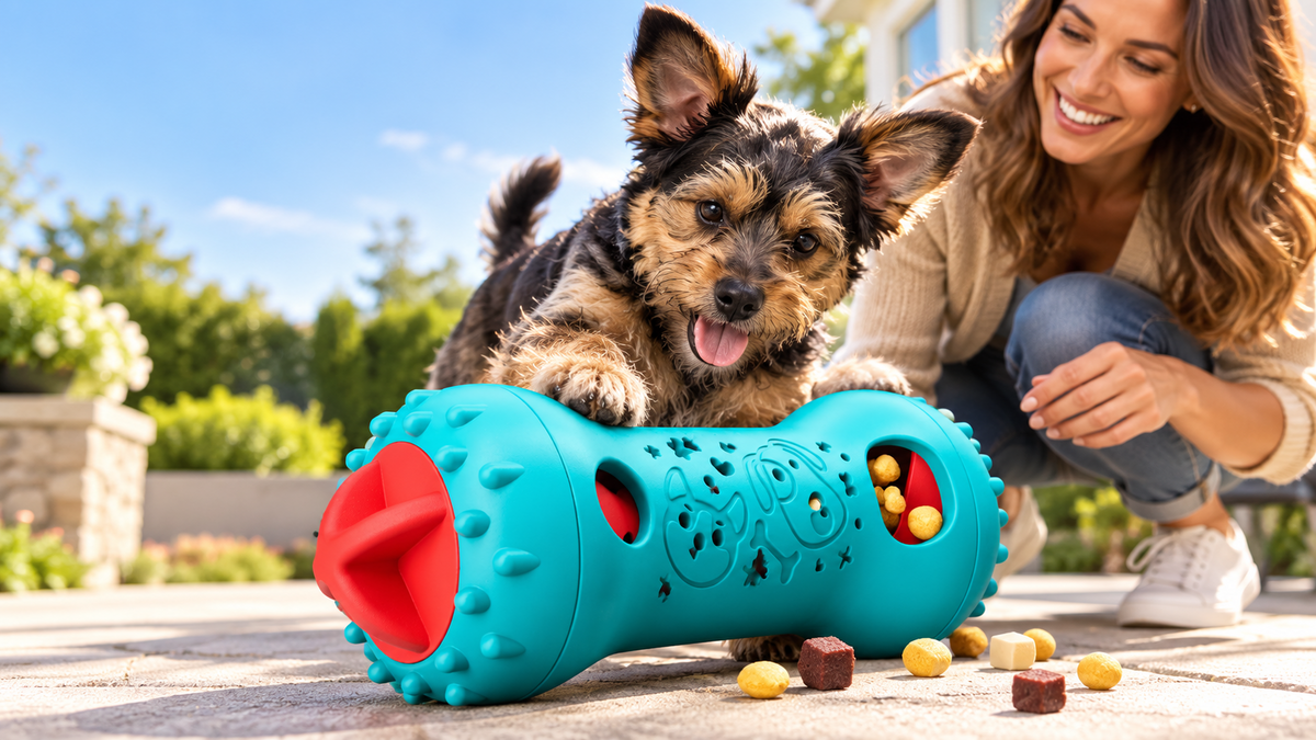 A terrier puppy pawing at a teal treat-dispensing toy on a sunny patio