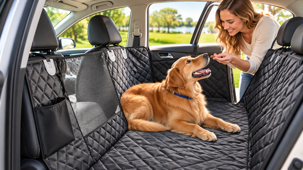 A golden retriever relaxing on a black quilted back-seat hammock with a mesh window while a woman offers a treat