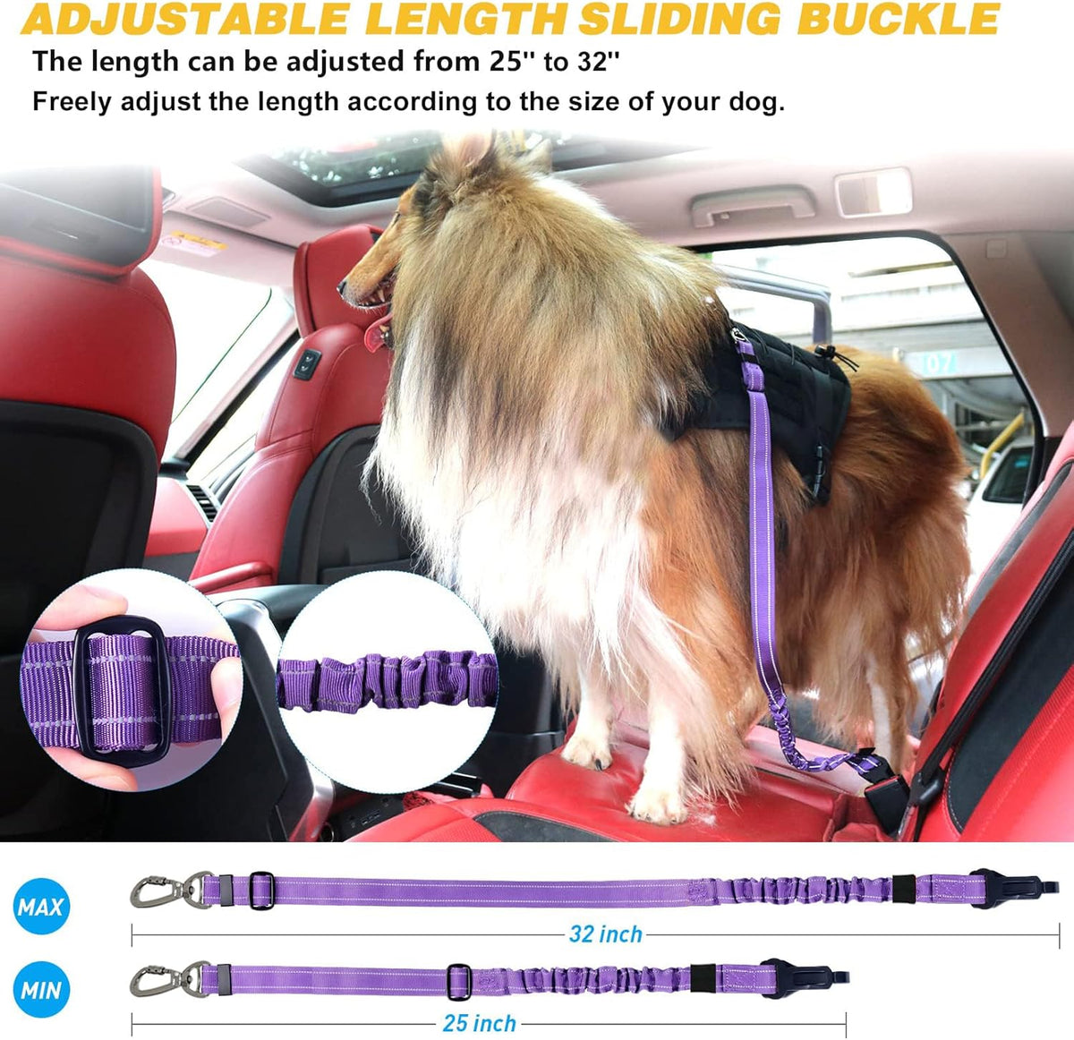 Dog Car Seat Belt Tether — Reflective Bungee, 2 Pack, image 7 of 9