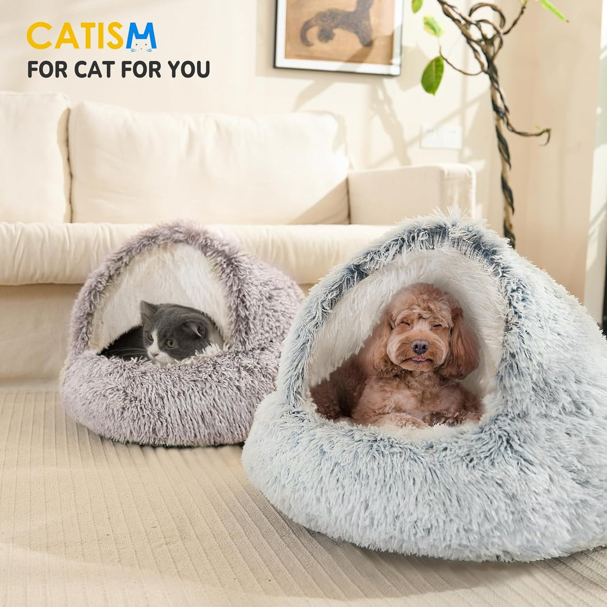 Hooded Plush Cave Cat Bed — Washable, Non-Slip Base, image 8 of 8
