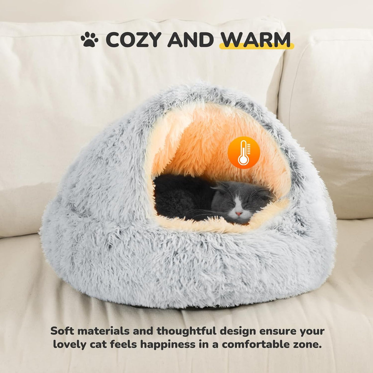Hooded Plush Cave Cat Bed — Washable, Non-Slip Base