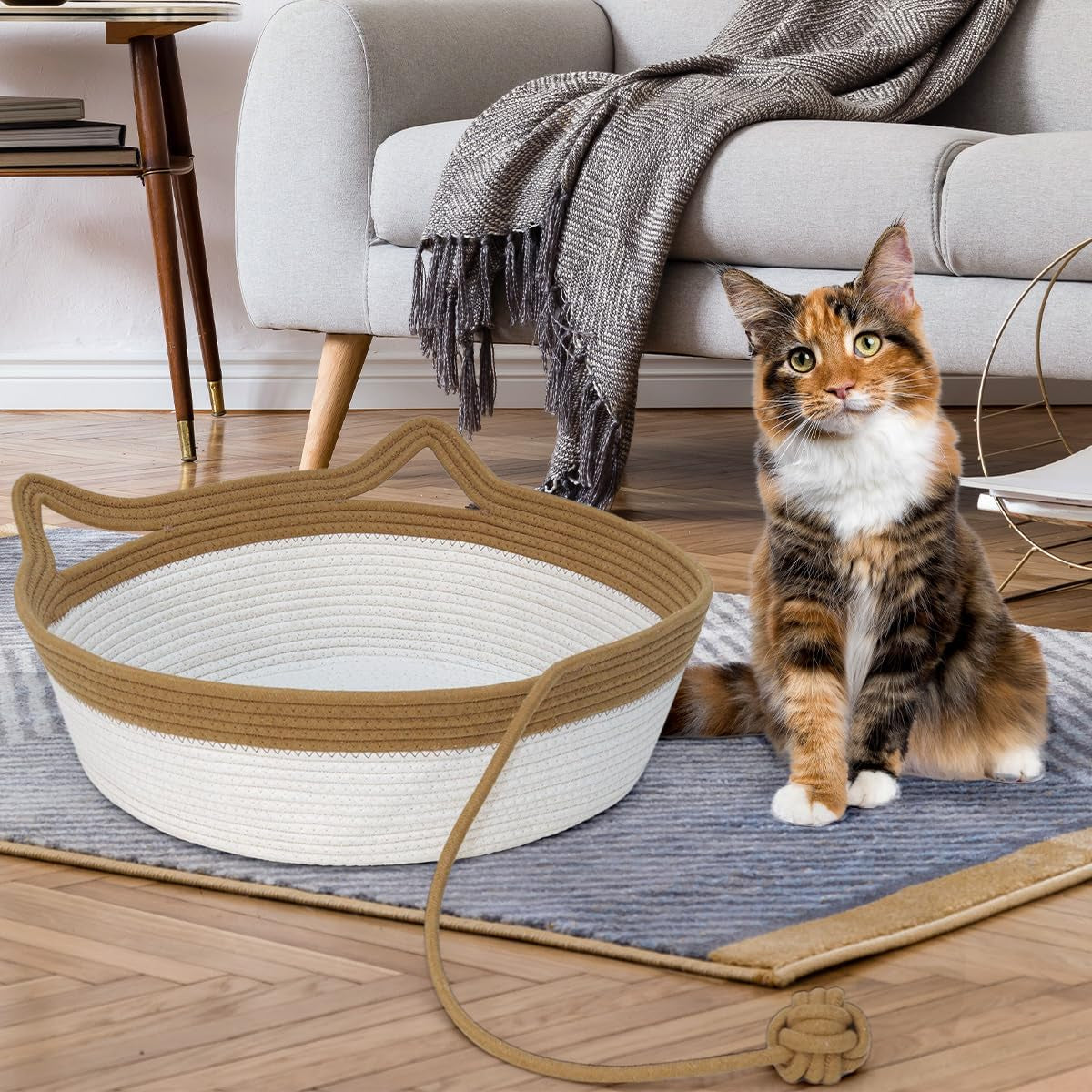 Hand-Woven Cotton Rope Cat Bed with Play Ball