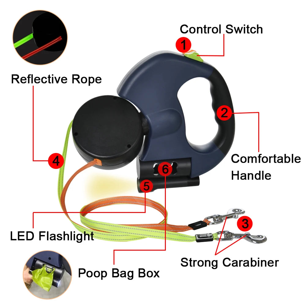 Dual Retractable Leash with LED Light — No-Tangle Swivel, image 8 of 9