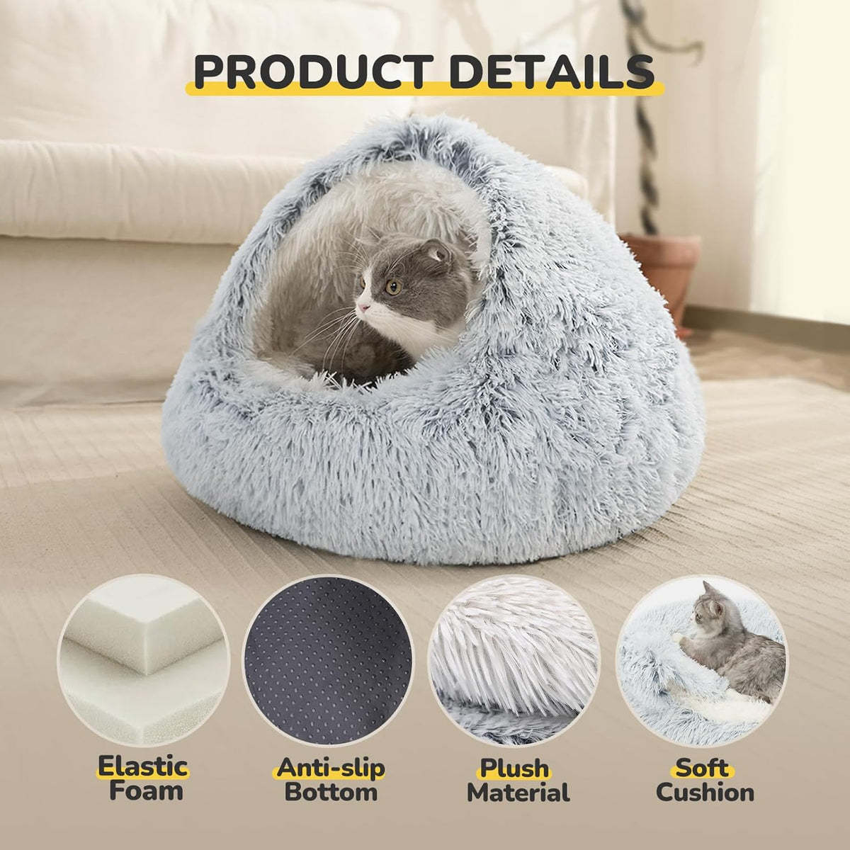 Hooded Plush Cave Cat Bed — Washable, Non-Slip Base