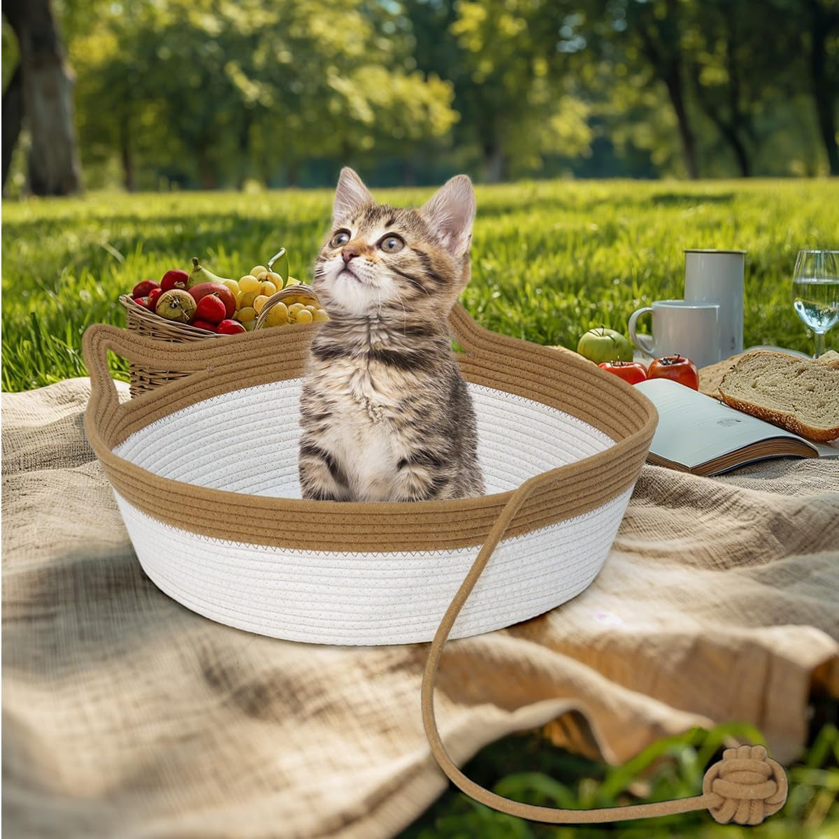 Hand-Woven Cotton Rope Cat Bed with Play Ball