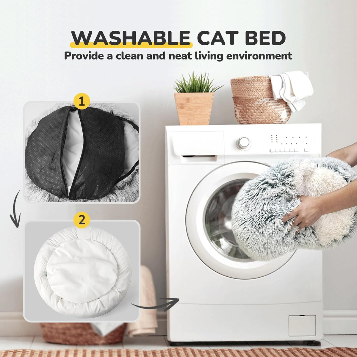 Hooded Plush Cave Cat Bed — Washable, Non-Slip Base