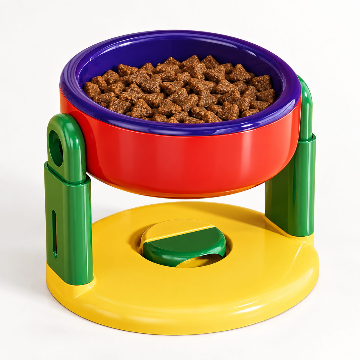 Adjustable raised pet bowl with green supports, yellow base and purple bowl