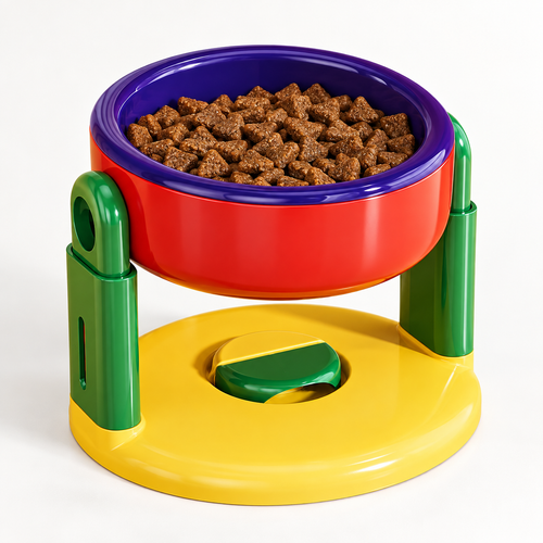 Adjustable raised pet bowl with green supports, yellow base and purple bowl