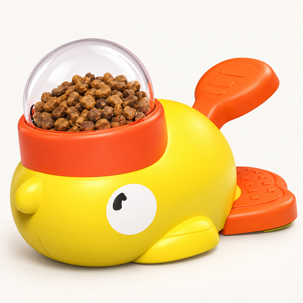 Duck-shaped slow feeder and treat dispenser with yellow body and orange feeding parts