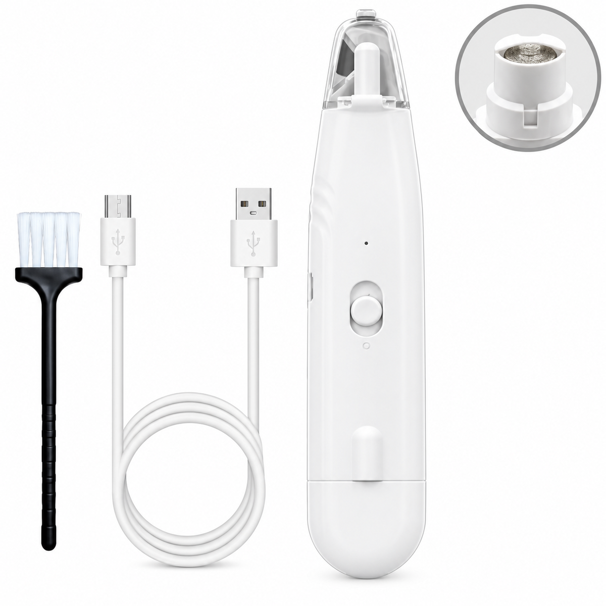 White cordless pet nail grinder with protective cap, USB cable and cleaning brush