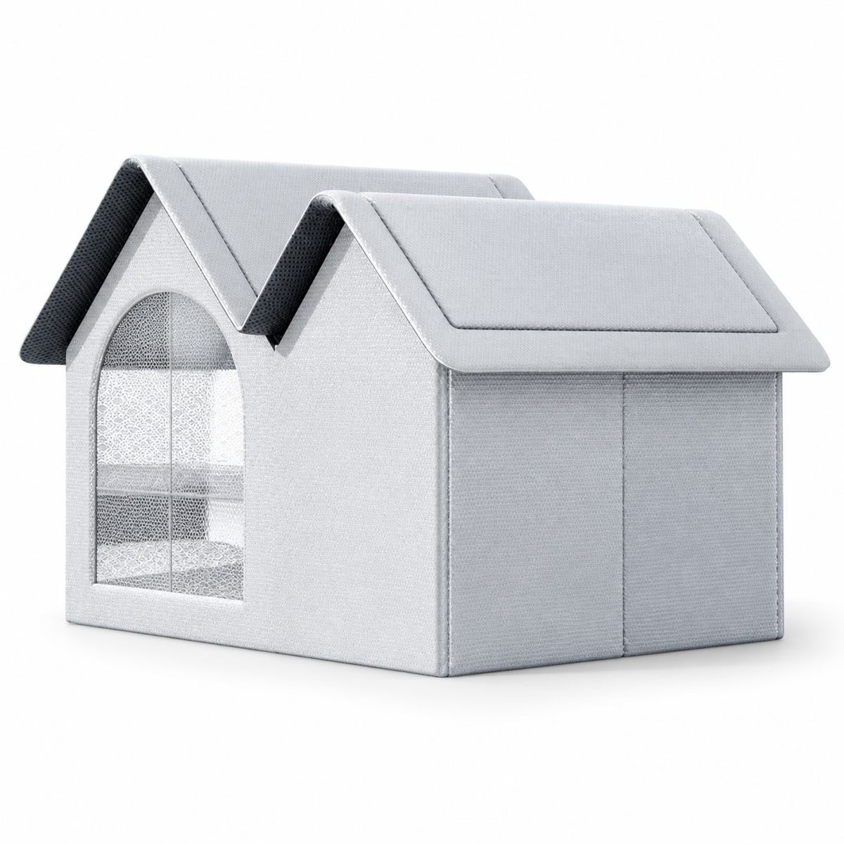 Light gray ventilated pet house with sloped roof and mesh front