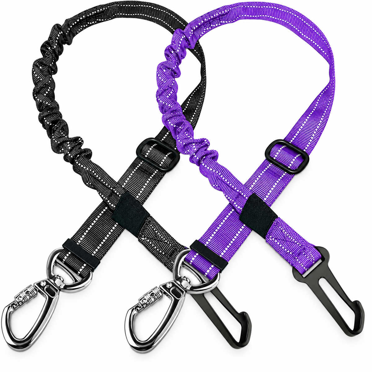 Black and purple reflective bungee car seat tethers with metal clips